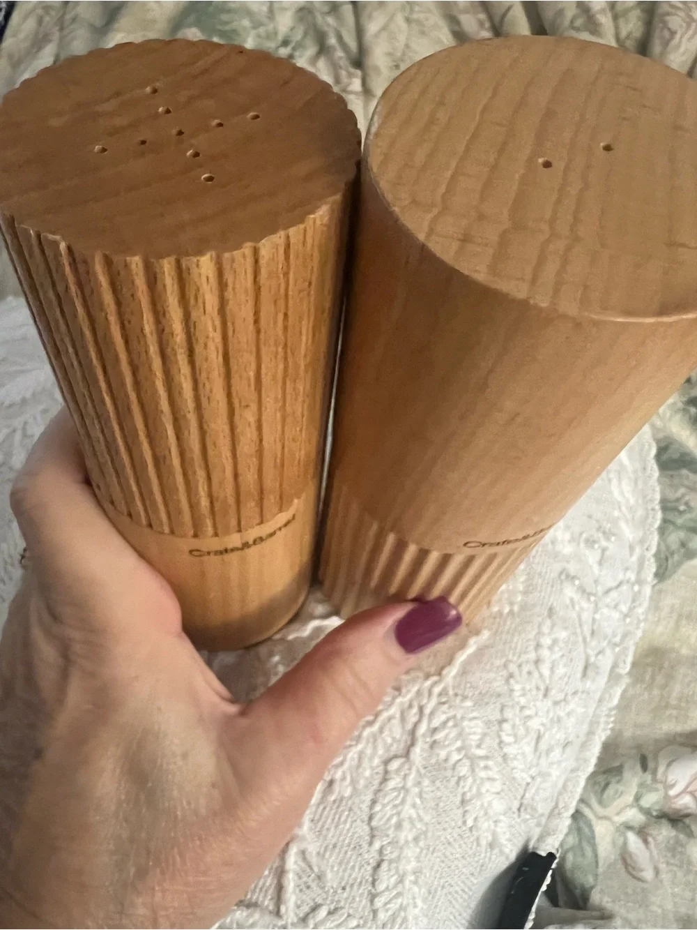 Crate&Barrel Oak Wood Ribbed Salt and Pepper Mills - Natural Tan